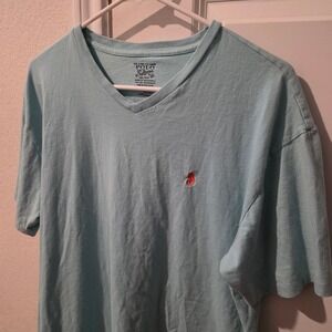 Polo Ralph Lauren Mens V-Neck T-Shirt Light Blue Orange Pony Logo Size Medium